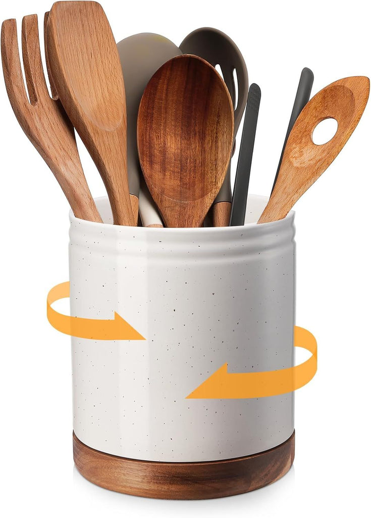 7.6" 360° Rotating Utensil Holder, Kitchen Utensil Holder for Countertop,Large Ceramic Utensil Crock for Kitchen Decor, Protection Cork Bottom, Speck White