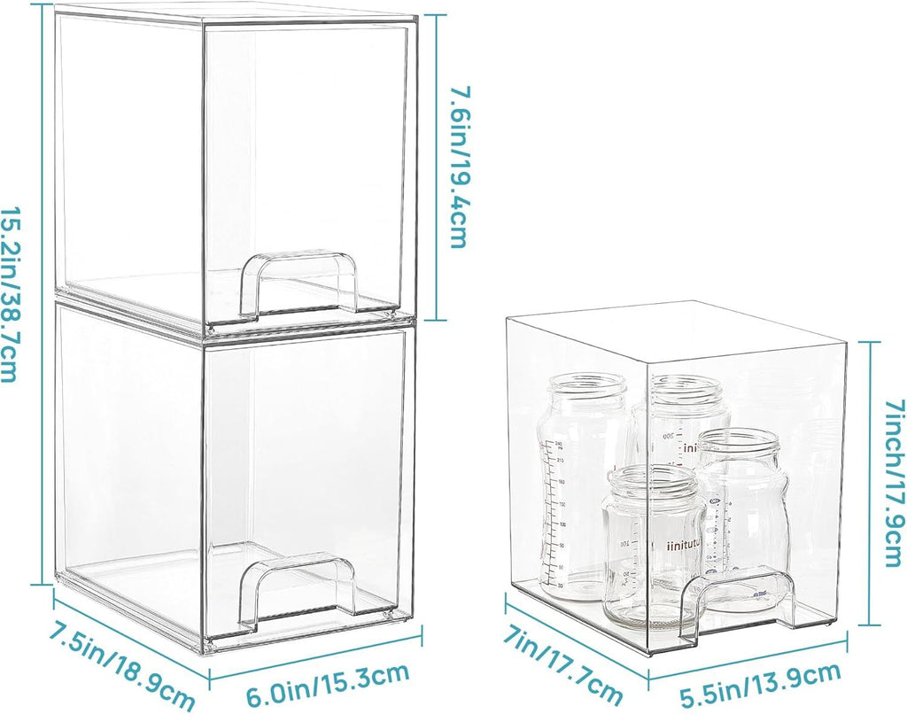 7.6" H Clear Stackable Storage Drawers, 4 Pack Plastic Organizers Bins for Skincare, Cosmetics,Beauty Supplies,Ideal for Vanity, Bathroom,Kitchen Countertop,Cabinet Organization