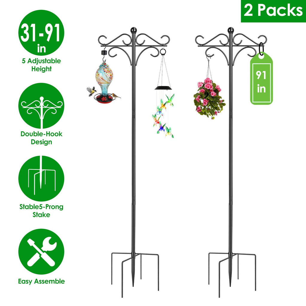 76in/91in Options -- 2 Packs Heavy Duty Double Shepherds Hook Bird Feeder Pole Garden Hanging Holder with Adjustable Height 5 Prong Base for Bird Feeder Garden Plant Lantern for Outdoor Garden Patio