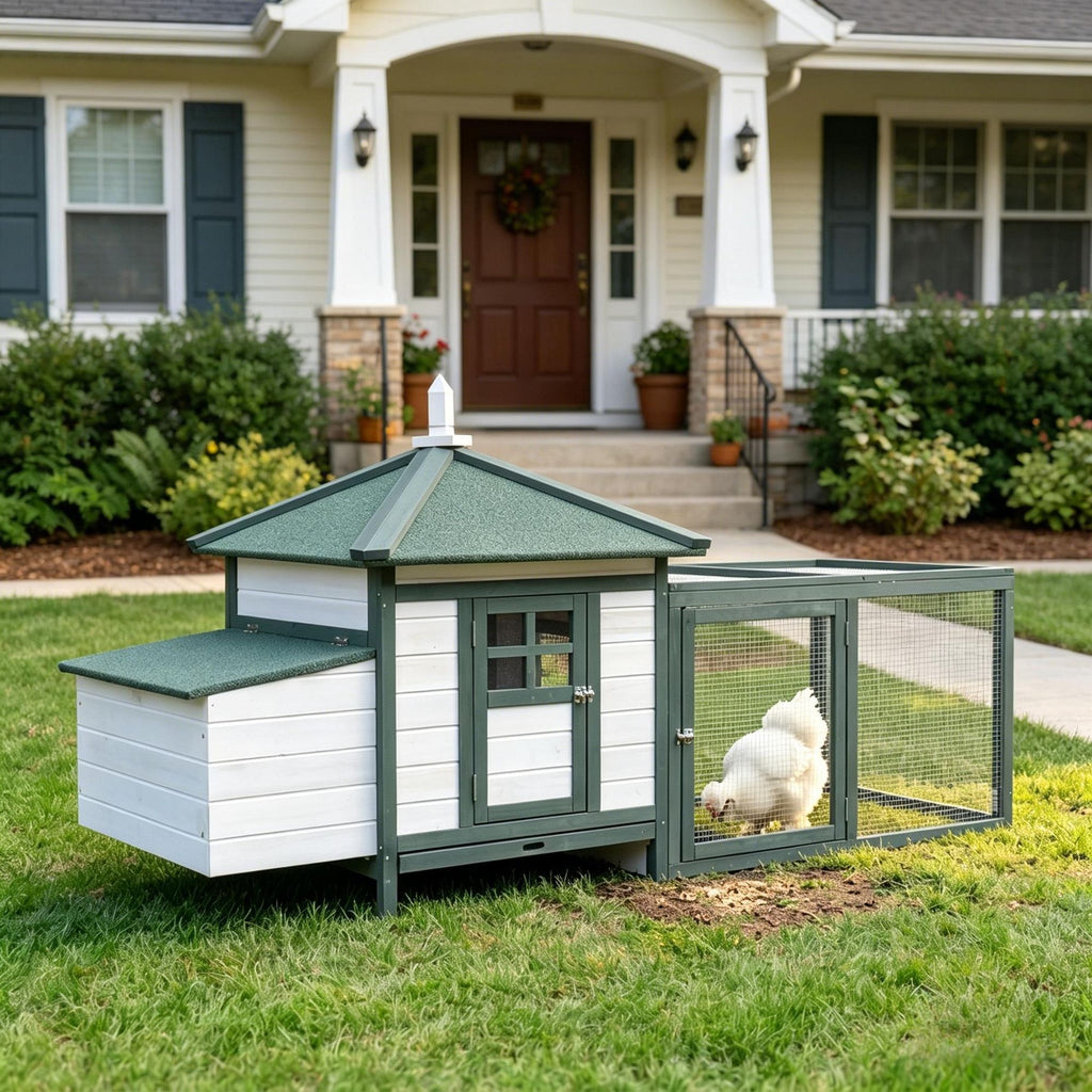77" Green Wooden Chicken Coop Hen House with Weatherproof Roof Nesting Box Enclosed Run Removable Tray Outdoor Backyard Poultry Cage