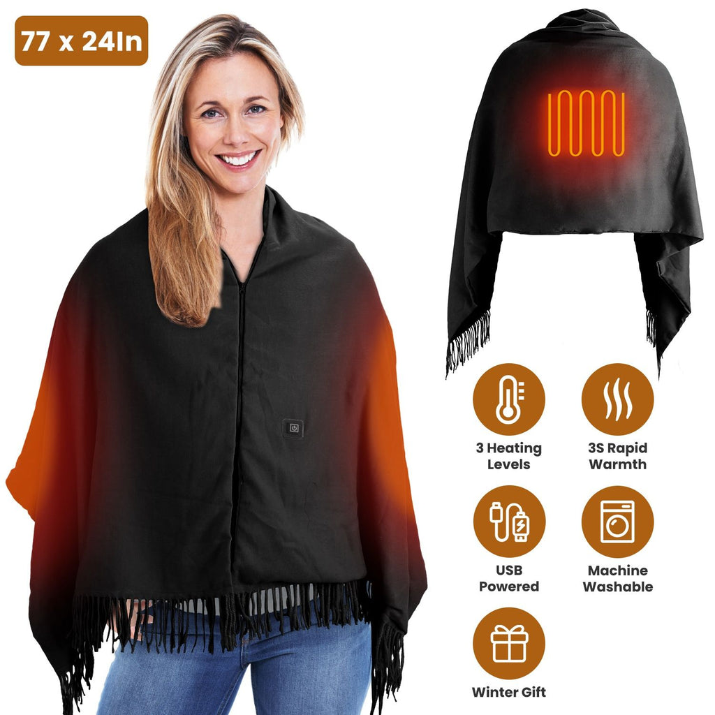77x24In USB Heated Shawl with Teasel Wearable Heating Blanket Electric Throw Wrap Indoor Outdoor with Zipper 3 Heating Levels Machine Washable for Outdoor Home Office