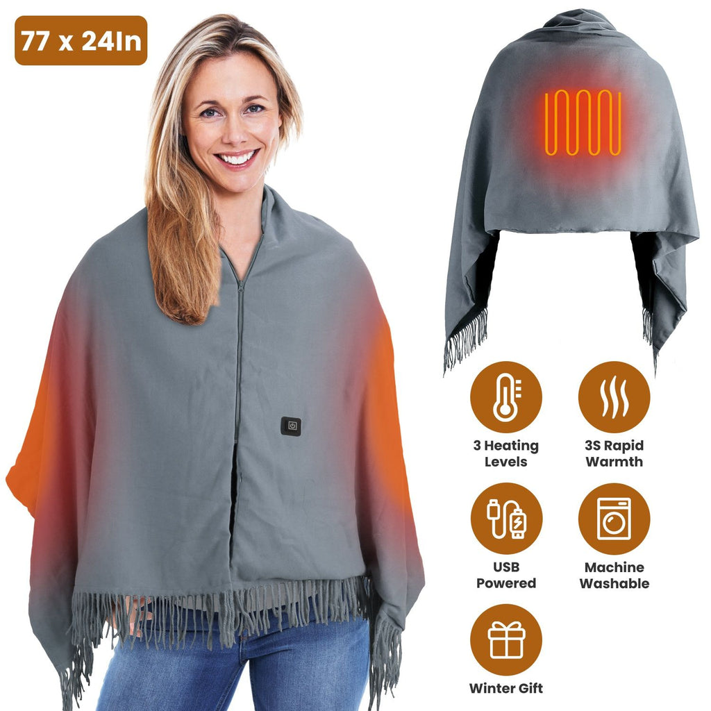 77x24In USB Heated Shawl with Teasel Wearable Heating Blanket Electric Throw Wrap Indoor Outdoor with Zipper 3 Heating Levels Machine Washable for Outdoor Home Office