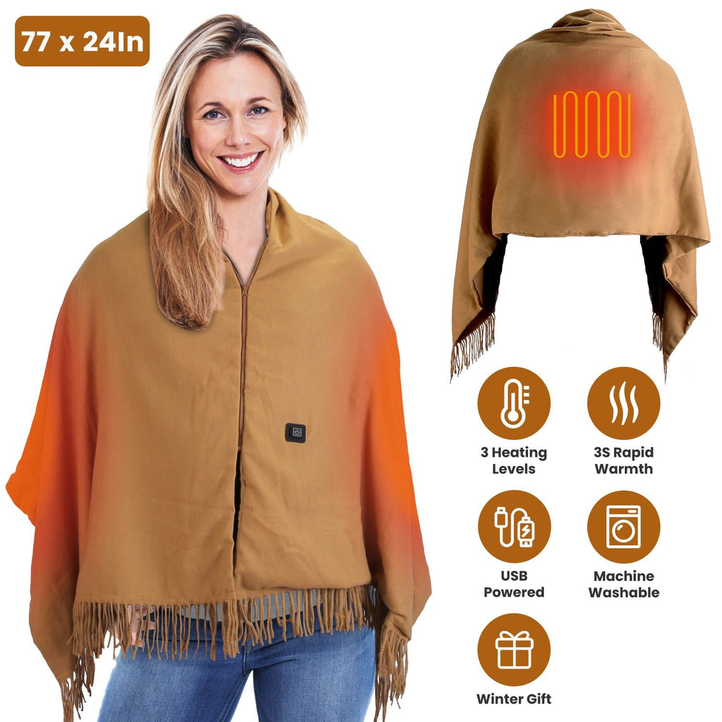 77x24In USB Heated Shawl with Teasel Wearable Heating Blanket Electric Throw Wrap Indoor Outdoor with Zipper 3 Heating Levels Machine Washable for Outdoor Home Office