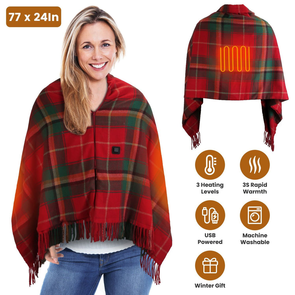 77x24In USB Heated Shawl with Teasel Wearable Heating Blanket Electric Throw Wrap Indoor Outdoor with Zipper 3 Heating Levels Machine Washable for Outdoor Home Office