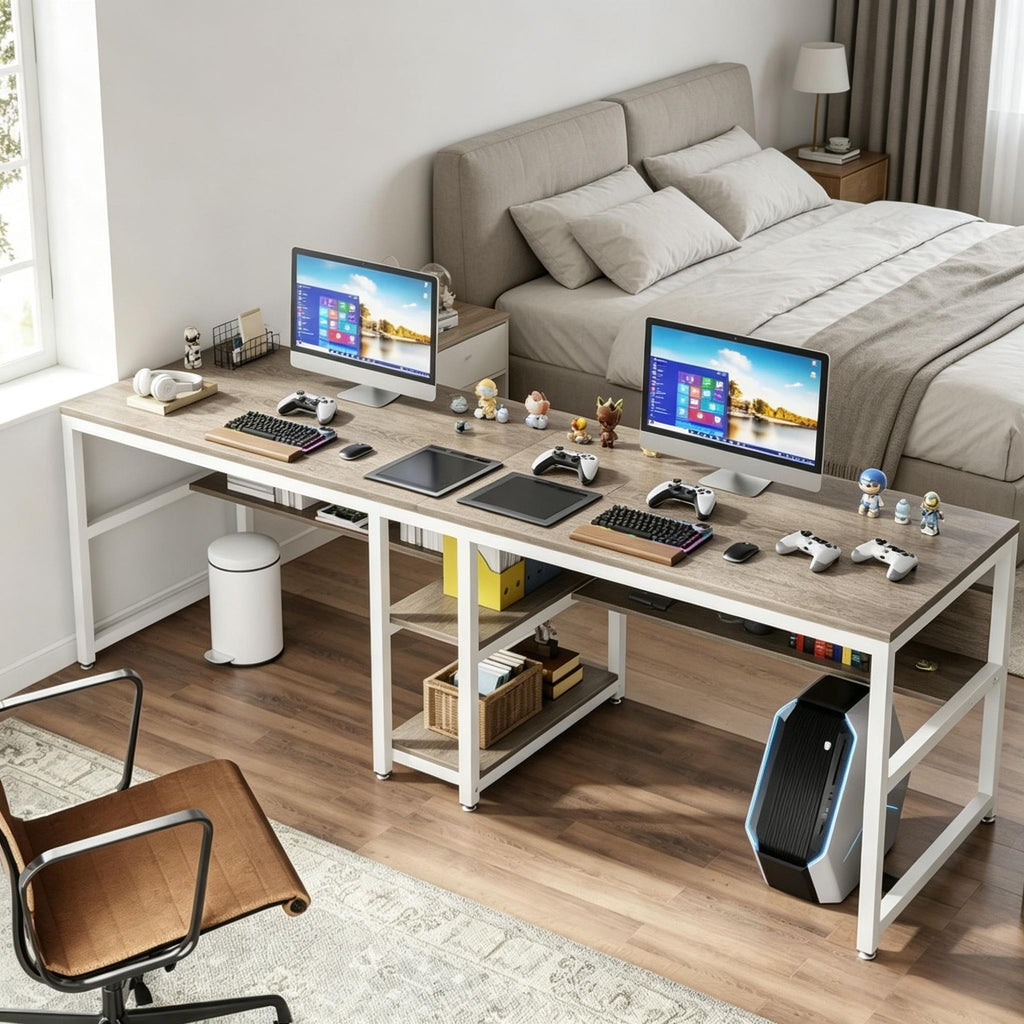78.7 Inch Double Workstation Desk Two Person Computer Desk with Shelves Home Office L Shaped Desk for Two People