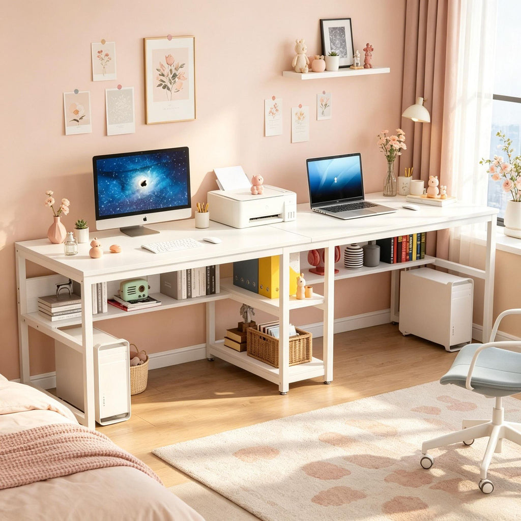 78.7 Inch Double Workstation Desk Two Person Computer Desk with Shelves Home Office L Shaped Desk for Two People