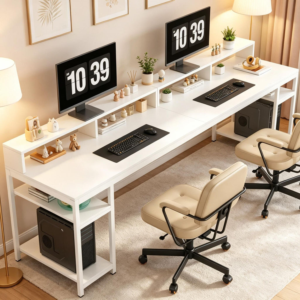 78.7'' Two Person Desk with Monitor Stand And 4 Open Shelves Computer Desk for Home Office Workstation Dual Monitor Desk