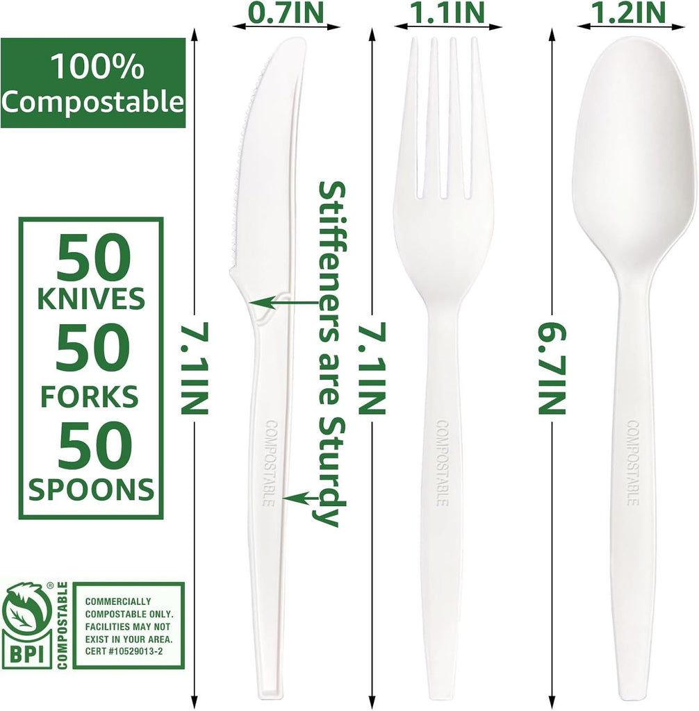 7In 400Pcs 100% Compostable Forks and Spoons Utensils Cutlery Silverware Heavyduty Eco-friendly Disposable Plastic free Forks and Spoons Utensils Cutlery Silverware for Party BBQ Lounge