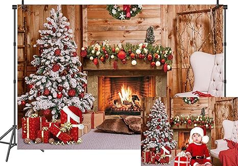 7x5ft Christmas Fireplace Backdrop with Tree and Gifts – Rustic Winter Holiday Background for Photography, Xmas Party Decoration, Indoor Cozy Scene Banner 111