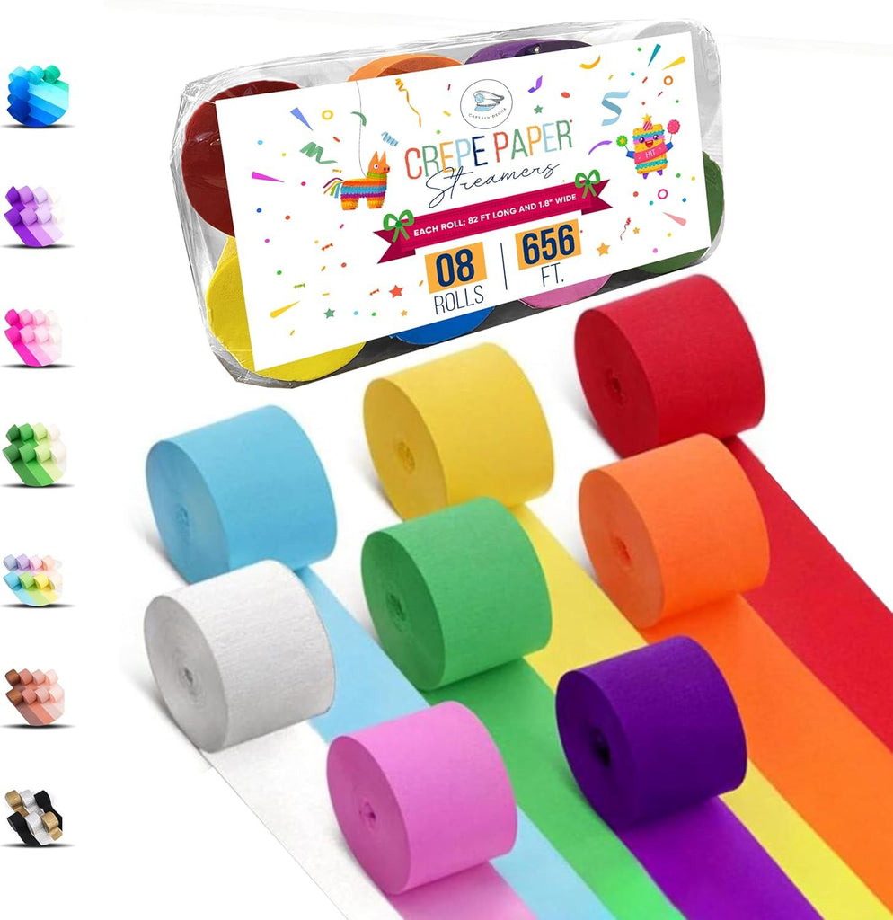 8 Crepe Paper Streamers Rolls, 656ft Pack of Unique 8 Rainbow Streamers Party Decorations, Birthday Streamers, Party Streamers for Wedding Decoration (1.8 inch x 82 ft/Roll)