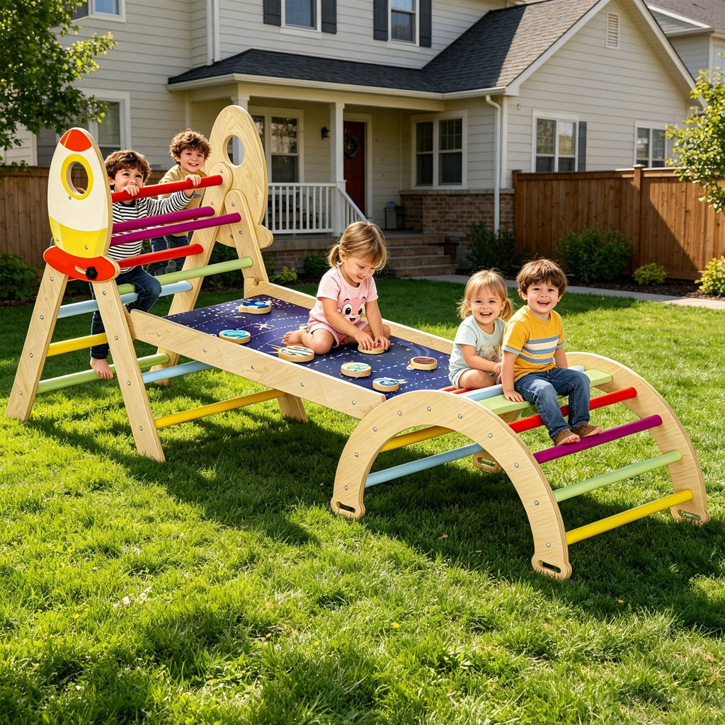8 in 1 Pickler Climbing Set, Foldable Wooden Climbing Toys Indoor Playground Jungle Gyms with Arch Ramp and Ladder for 1-6