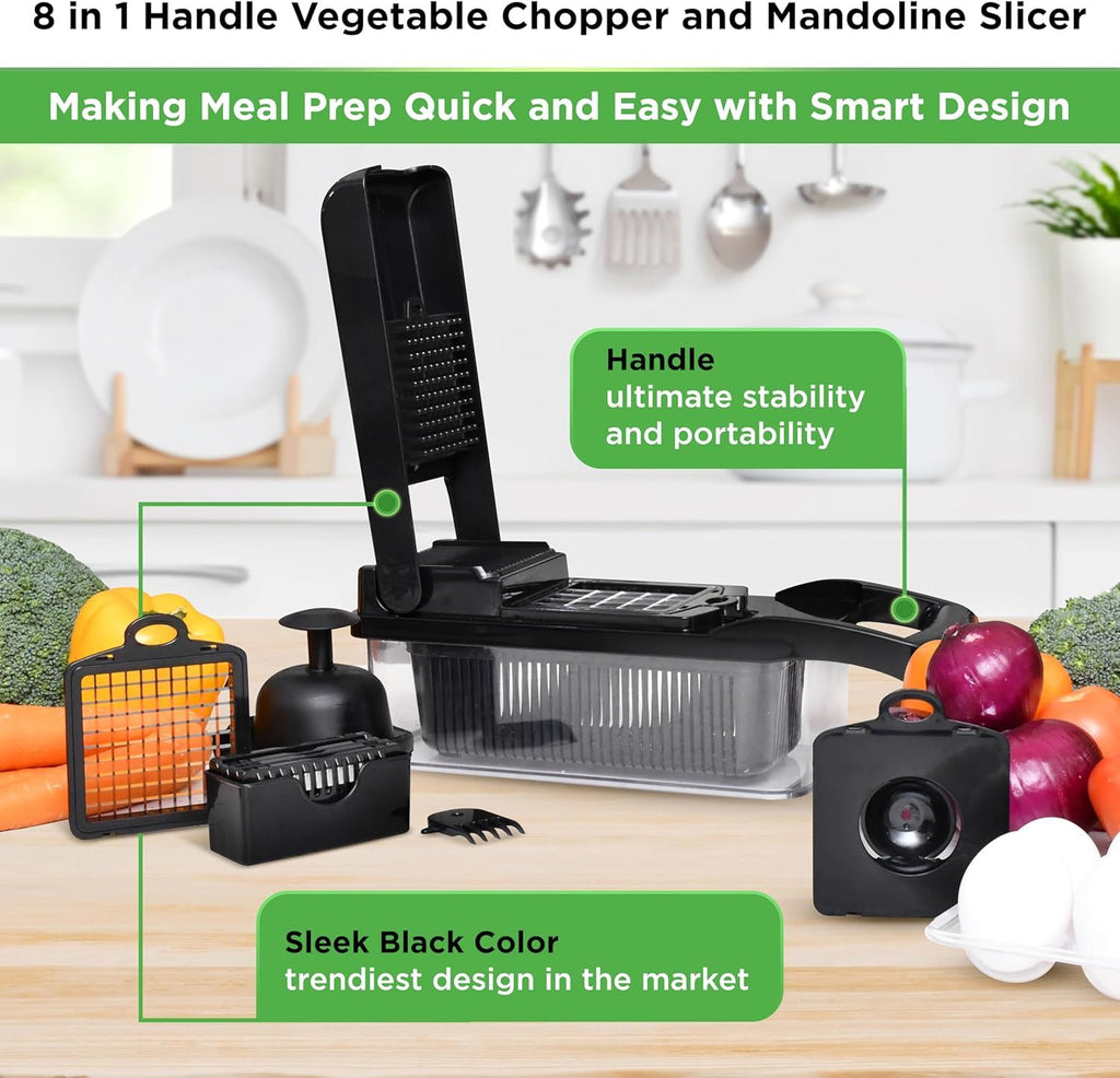 8-in-1 Vegetable Chopper & Mandoline Slicer - No-Mess Prep - Food Chopper With Container - Multi-Blade Veggie Slicer & Vegetable Dicer - Ergonomic Grip & Onion Cutter - 8 in 1, Black