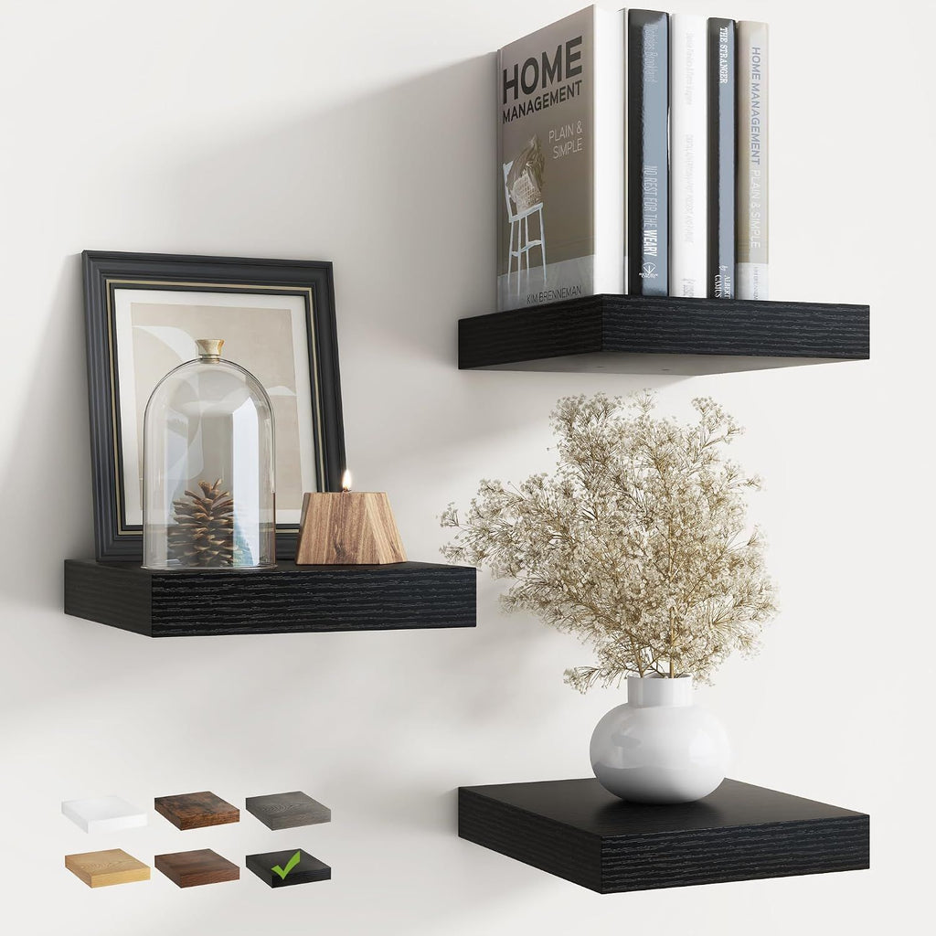 8 Inch Floating Shelves for Wall with Invisible Brackets Set of 3, 8"D Engineered Wood Wall Shelves with Wood Grain for Living Room, Bedroom, Bathroom, Kitchen Decor and Storage, Black Finish