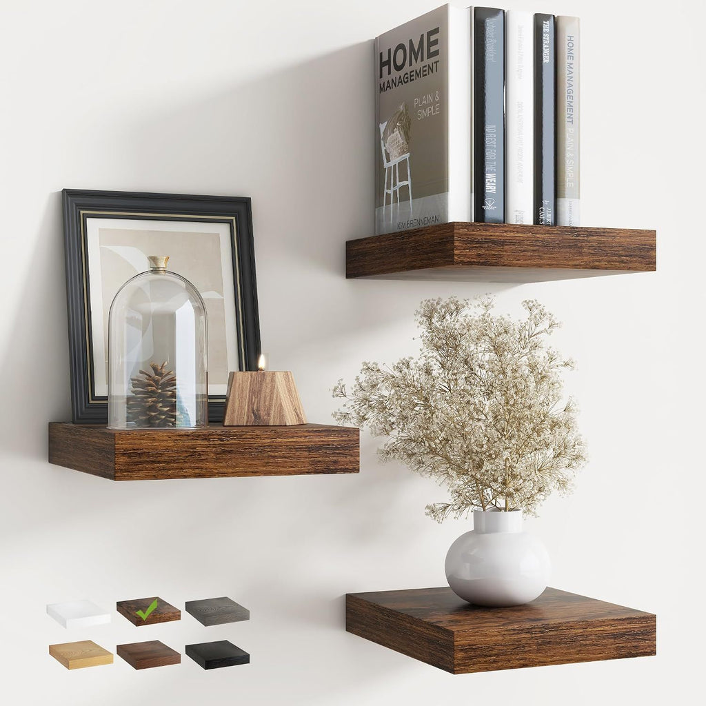 8 Inch Floating Shelves for Wall with Invisible Brackets Set of 3, 8"D Engineered Wood Wall Shelves with Wood Grain for Living Room, Bedroom, Bathroom, Kitchen Decor and Storage, Rustic Brown