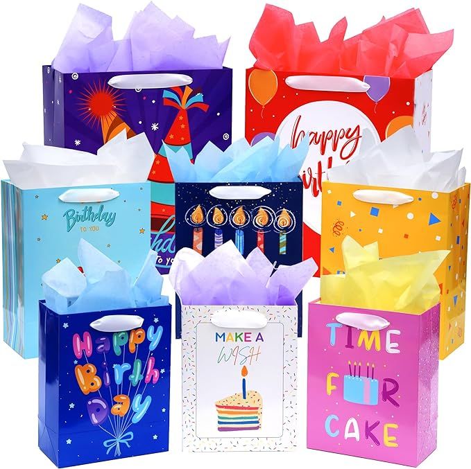 8 Pack Birthday Gift Bags Assorted Sizes (2 Extra Large 15", 3 Large 13",3 Medium 9") with Ribbon Handle and Tissue Paper, Reusable and Perfect For Wrapping Present