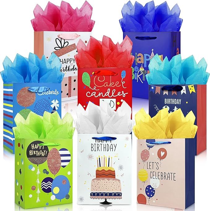 8 Pack Birthday Gift Bags with Ribbon Handle and Tissue Paper Funny Glitter Happy birthday Gift Bags for Birthday Gift Wrapping Presents