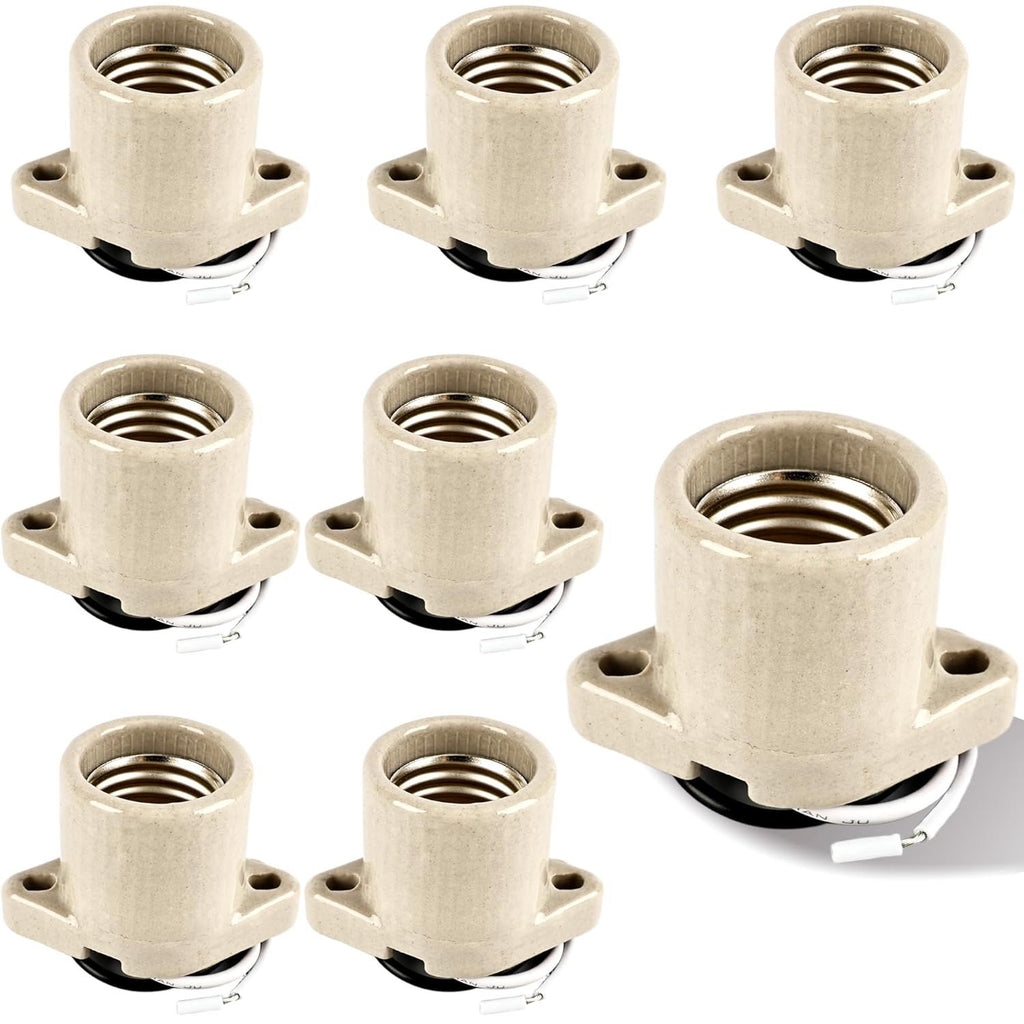 8 Pack E26 Light Socket Medium Porcelain Lamp Holder Socket Keyless Screw Porcelain Light Socket with Two Hole Flange Mounting and 6" Leads for Indoor Garage Closet Lighting