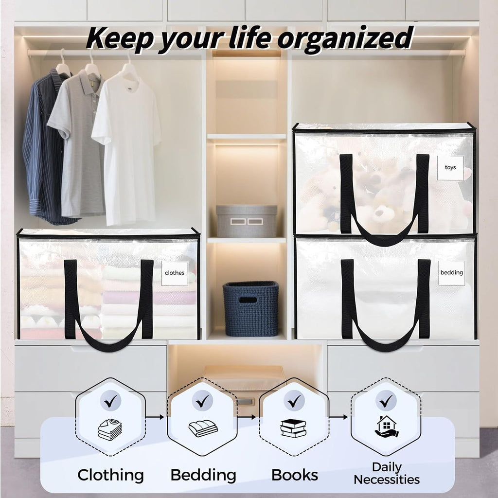 8 Pack Extra Large Heavy Duty Moving Bags, Clear Storage Bins with Lids, Reinforced Handles & Heavy-Duty Zippers Moving Boxes Storage Bags Totes for Clothes Packing, Dorms, College Supplies, Clear