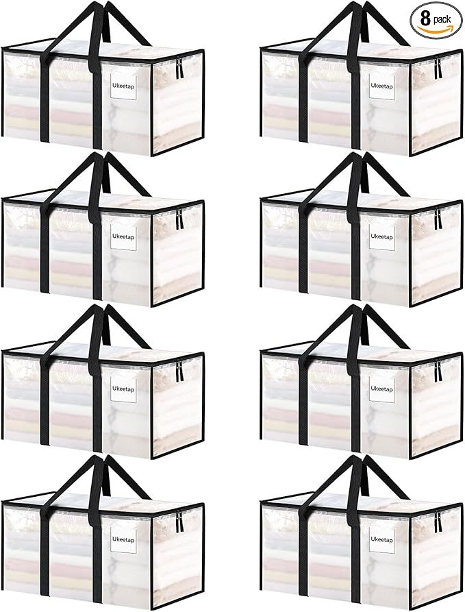 8 Pack Extra Large Heavy Duty Moving Bags, Clear Storage Bins with Lids, Reinforced Handles