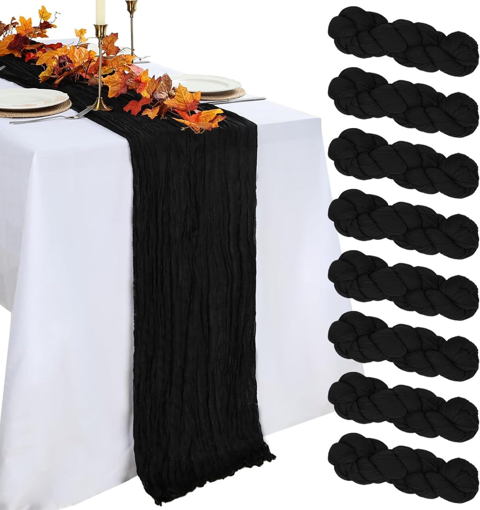 8 Pack Halloween Table Runner Black Cheesecloth 10ft Boho Gauze Fabric 120 Inch Cheese Cloth Table Runner Rustic Sheer for Romantic Wedding Decor Baby Shower Party Table Centerpiece Decoration