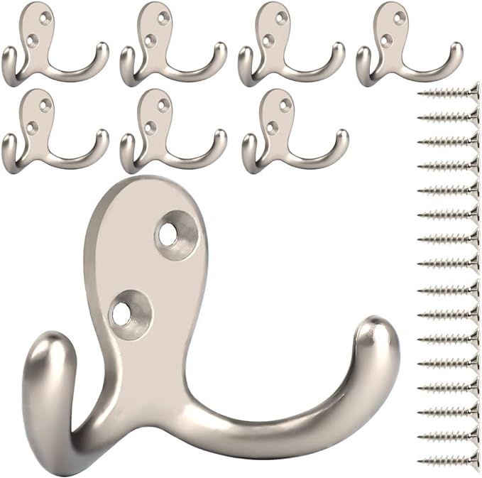 8 Pack Heavy Duty Double Prong Coat Hooks Wall Mounted with 16 Screws Retro