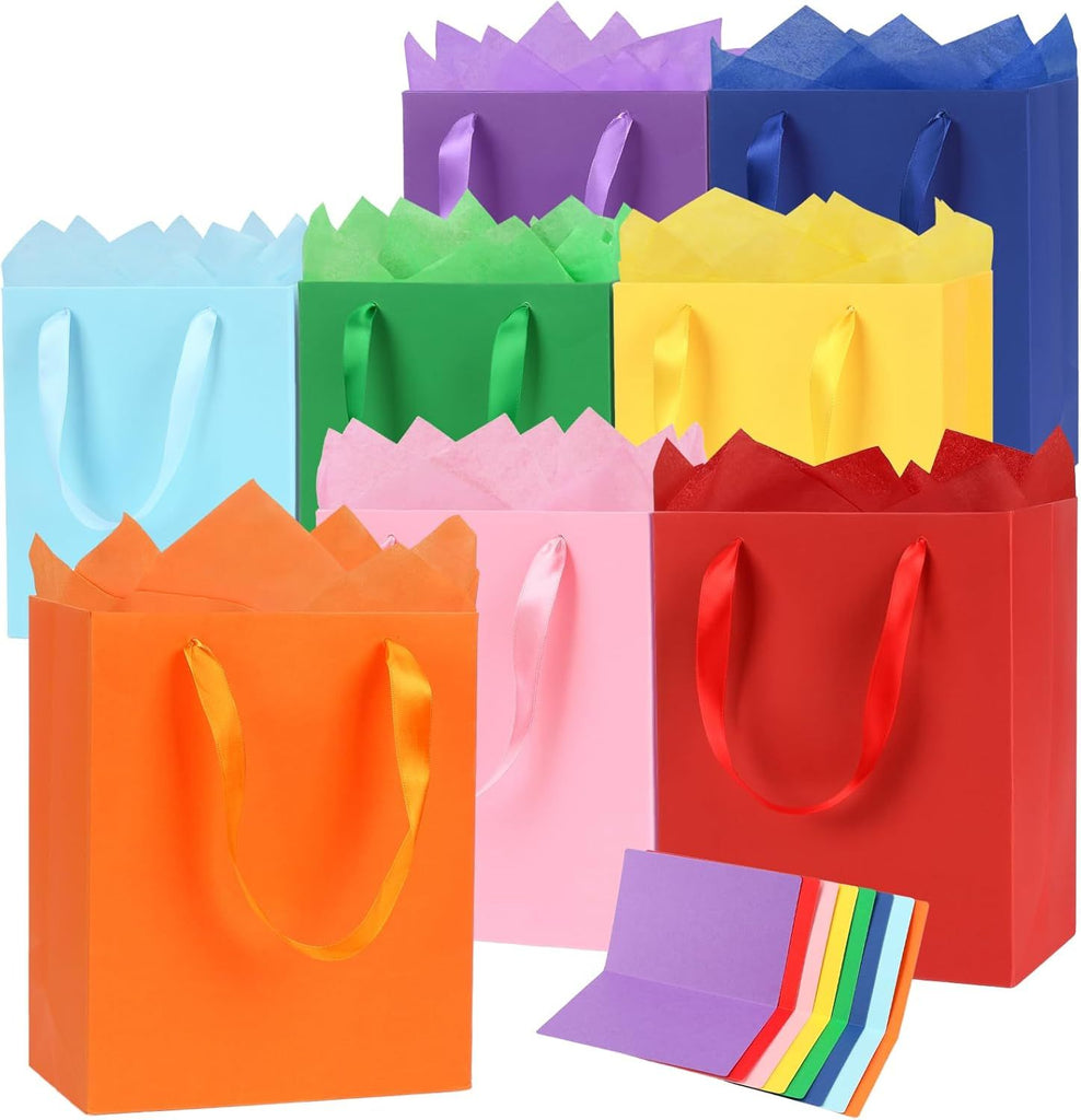 8 Pack Heavy Duty Gift Bags with Tissue Paper, 8x5x10 Medium Size Paper Bags with Handles, Rainbow Colour Gift Bags for Kids, Birthdays Party, Baby Shower