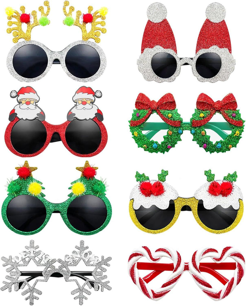 8 Pack Merry Christmas Party Favors Funny Eyeglasses Set, Christmas Tree, Garland, Santa Claus, Elk, Snowman Eyewear