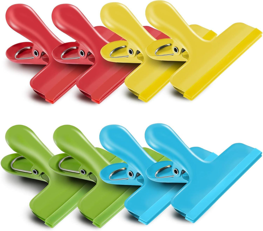 8 Pack Stainless Steel Chip Bag Clips Covered with Silicone - NO More Sharp Edges - Color Coded for Food Bags - Air Tight Seal, Heavy Duty, 3 Inches Wide, Red, Yellow, Blue, Green