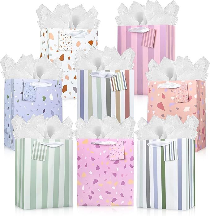 8 PCS Beautiful Gift Bags Set 9" Bags with Handles Includes Matching Tissue Paper Cards Stickers Reusable for Birthdays Weddings Mother's Day