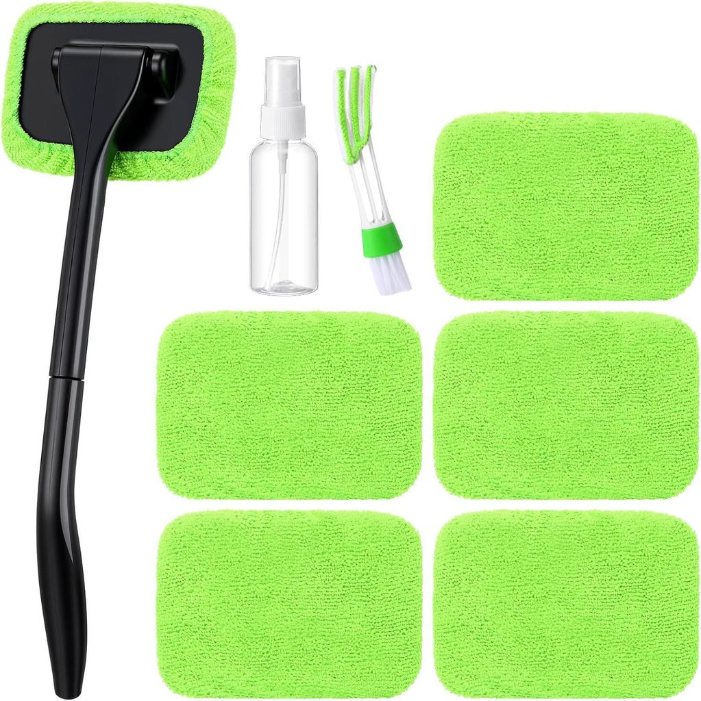 8 Pcs Car Windshield Cleaner Tool Kit with Extendable Handle, Microfiber Towel Pads, Brush, Empty Spray Bottle for Auto Glass Wiper Suvs Rvs & Home Windows(Green)