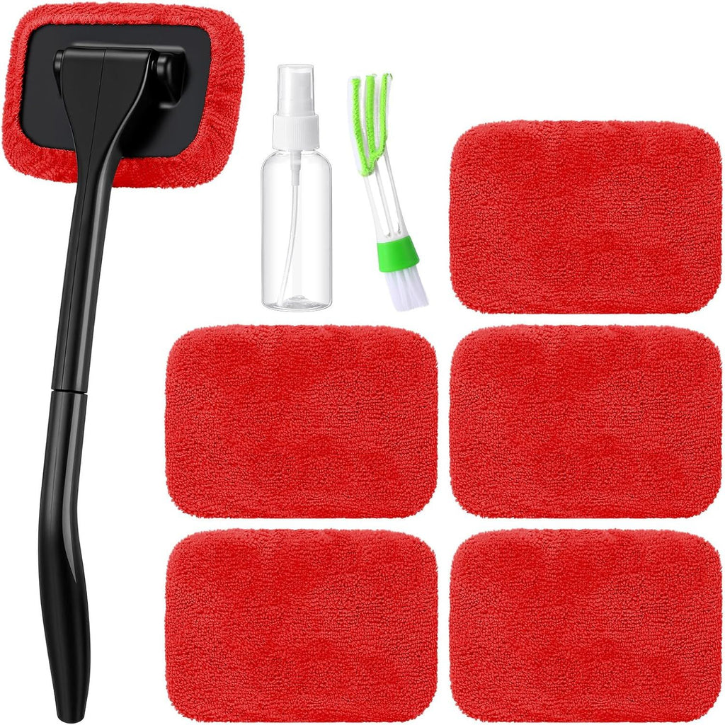 8 Pcs Car Windshield Cleaner Tool Kit with Extendable Handle, Microfiber Towel Pads, Brush, Empty Spray Bottle for Auto Glass Wiper Suvs Rvs & Home Windows(Red)