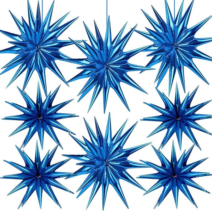 8 Pcs Star Balloons, Huge Blue Explosion Star Aluminum Foil Spike Balloons for Birthday, Baby Shower, Graduation, Blue Party Decorations Supplies