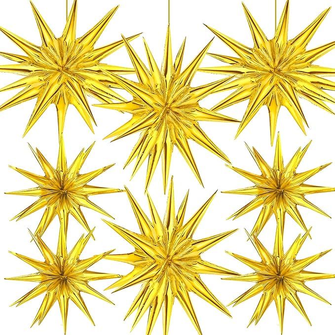 8 Pcs Star Balloons, Huge Gold Explosion Star Aluminum Foil Spike Balloons for Birthday, Baby Shower, Wedding, Bachelorette Party, Disco Party Decorations Supplies