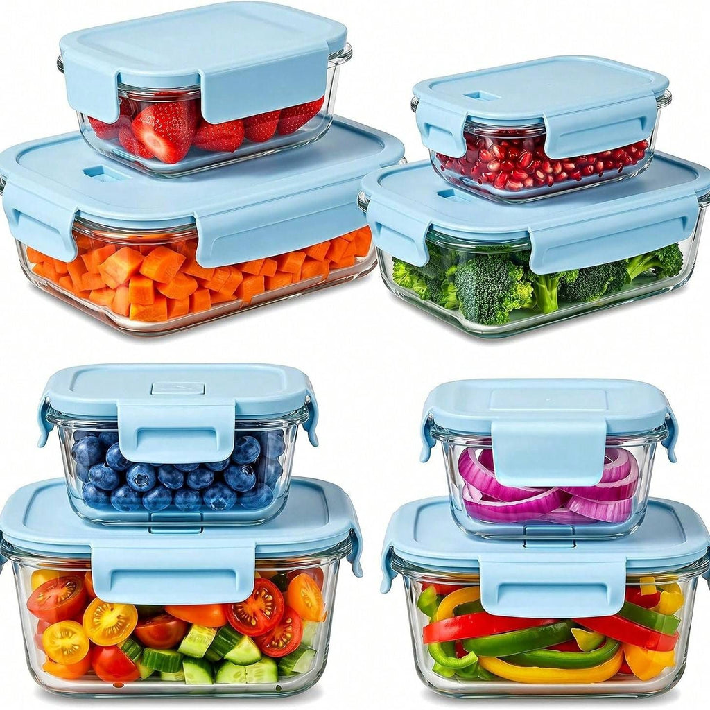 8 Piece Glass Food Storage Containers with Lids – Airtight Glass Food Storage Boxes, Leak-Proof Lunch Boxes, Microwave, Oven, Freezer & Dishwasher Safe (Light Blue)