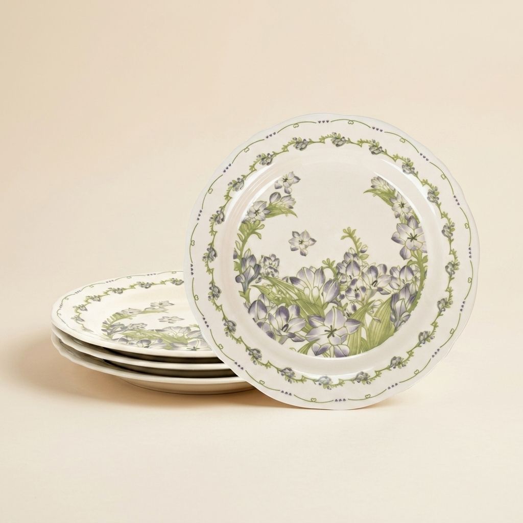 8" Scalloped Freesia Floral Salad Plates Set of 4, Cream Ceramic Plates Microwave Oven Dishwasher Safe