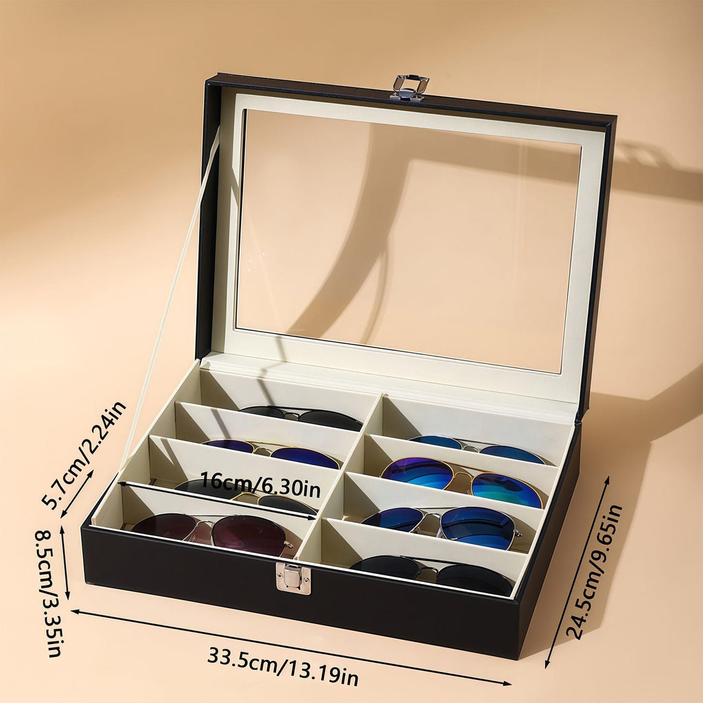 8 Slots Sunglasses Storage Box, PU Leather Eyeglasses Display Organizer Case with Transparent Lid, Multi Compartment Glasses Collector for Eyewear Collection