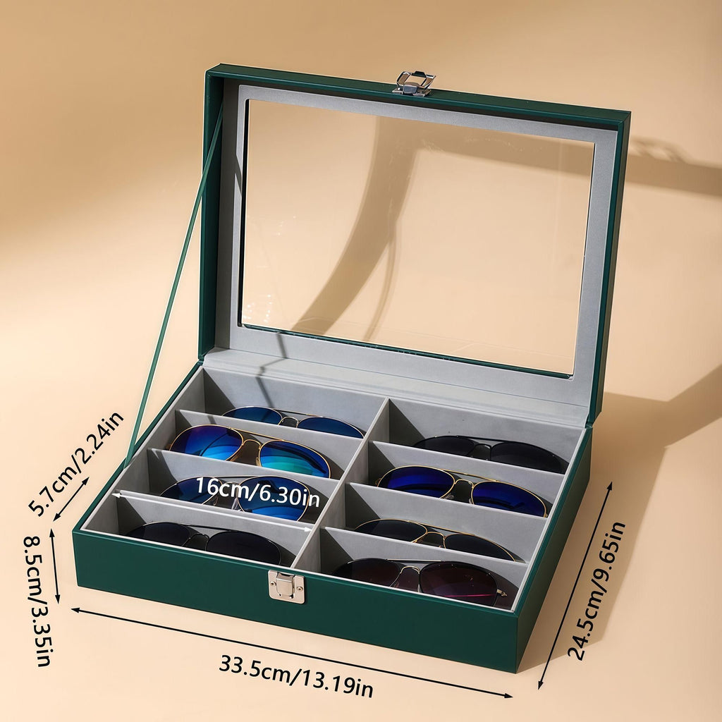 8 Slots Sunglasses Storage Box, PU Leather Eyeglasses Display Organizer Case with Transparent Lid, Multi Compartment Glasses Collector for Eyewear Collection