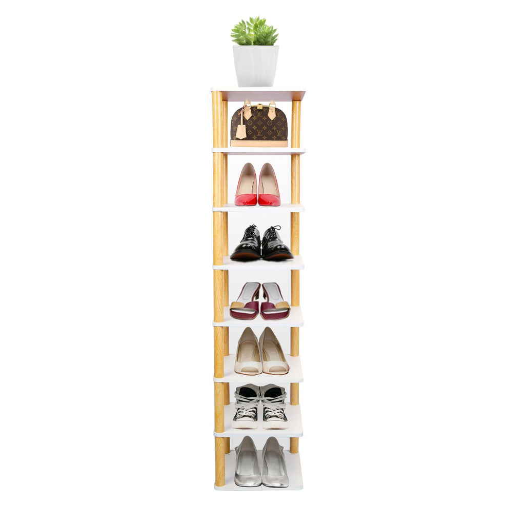 8 Tier Entryway Wooden Shoe Rack Vertical Shoe Shelf Stand Storage Organizer Small Space Saving Corner Shoe Tower Entryway Hallway Closet