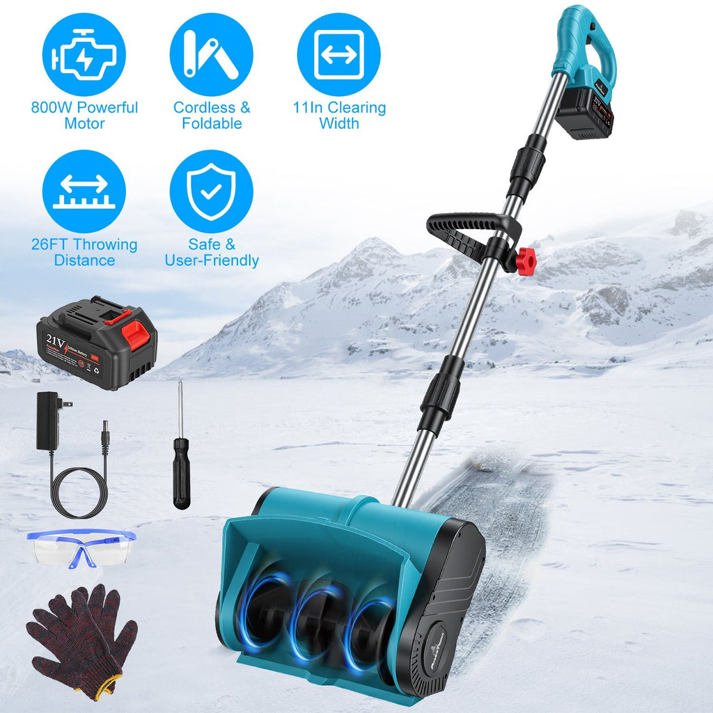 800W 21V 11In Cordless Snow Shovel Foldable Battery Powered Snow Thrower with Rechargeable Battery Gloves Goggles for Patio Driveway