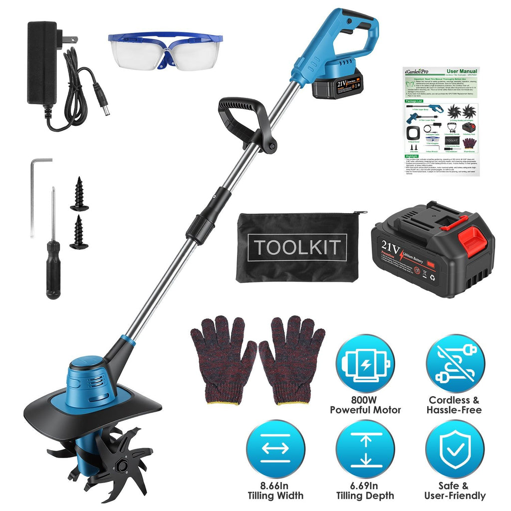800W 21V Cordless Tiller Cultivator 3.0Ah Battery Powered Tiller with 8.66" Width 6.69" Depth Manganese Steel Tines for Soil Cultivation Weeding Gardening