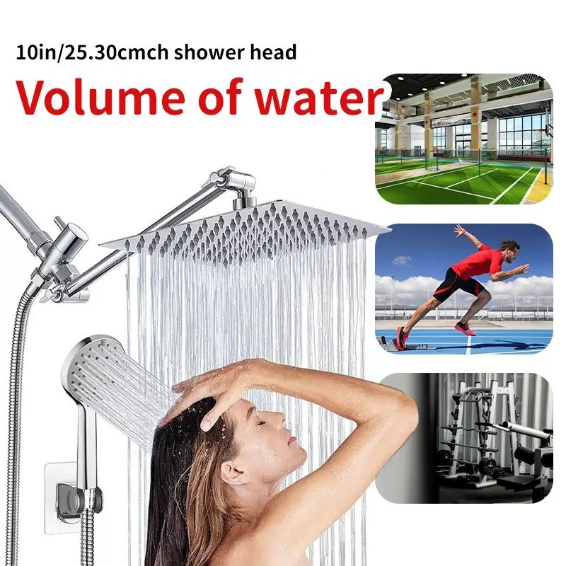 8"/10"Shower head combination, 8"/10" square top spray shower kit, triple function handheld shower head, stainless steel adjustable Angle extension arm, low water pressure resistant, with long hose sh