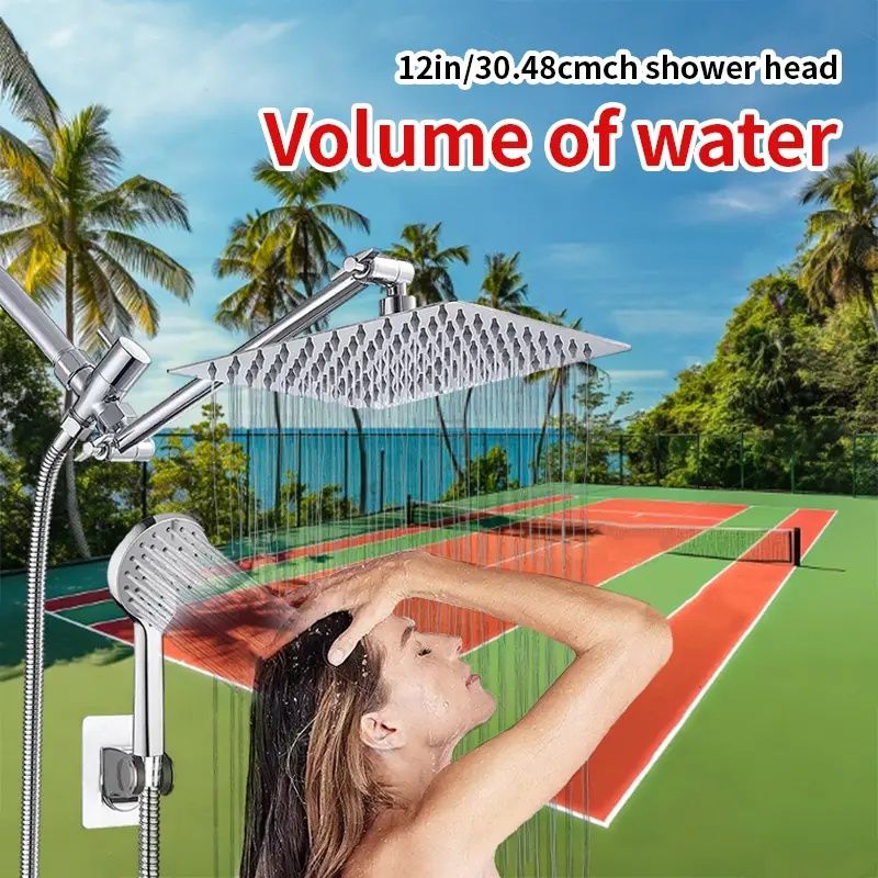 8"/10"Shower head combination, 8"/10" square top spray shower kit, triple function handheld shower head, stainless steel adjustable Angle extension arm, low water pressure resistant, with long hose sh