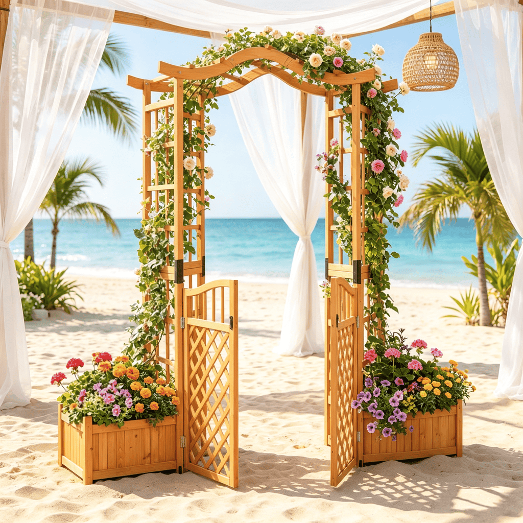 83 Inch Garden Arbor with Gate And 2 Planter Boxes Outdoor Wooden Archway for Planting And Privacy Fence