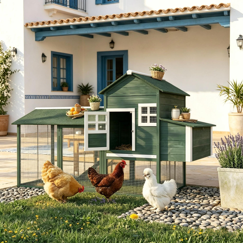 84' Wooden Chicken Coop Hen House with Run Nesting Box Green Outdoor Poultry Cage for 2-3 Chickens Removable Tray And Ramp Asphalt Roof