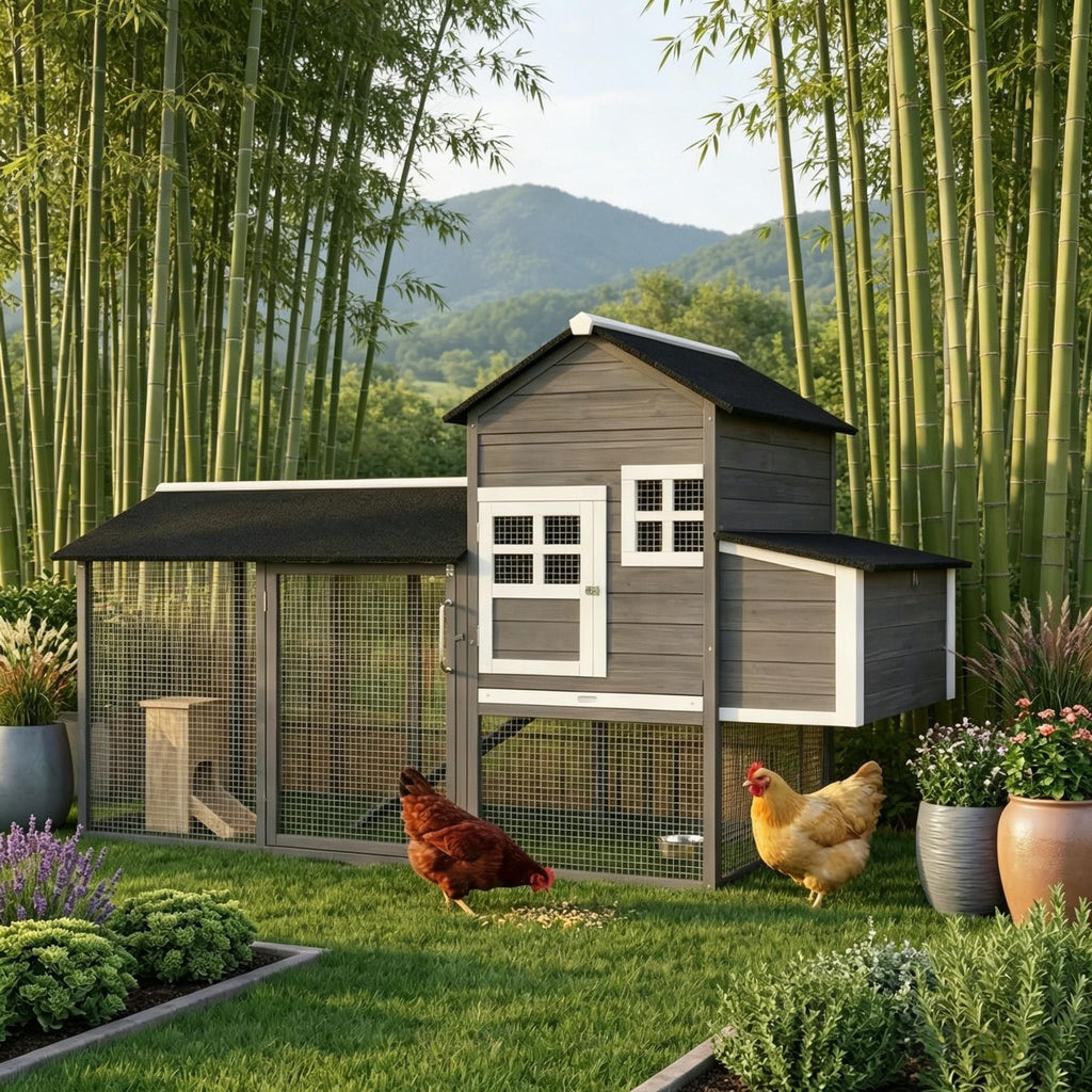 84" Wooden Chicken Coop Hen House with Run Nesting Box Outdoor Poultry Cage for 2-3 Chickens Removable Tray