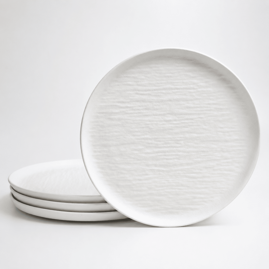 8.5" Organic Modern Stoneware Salad Plate Set, Textured Ceramic Plates in Matte White (Set of 4)
