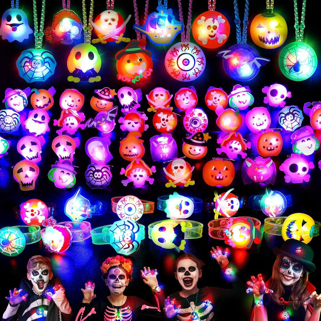 85PCS Halloween Party Favors Bulk, 50 Rings, 20 Brooches, 7 Necklaces, 8 Bracelets,Halloween Toys for Kids, Glow in the Dark Toys, Bulk Halloween Goodie Bag Fillers, Halloween Party Supplies