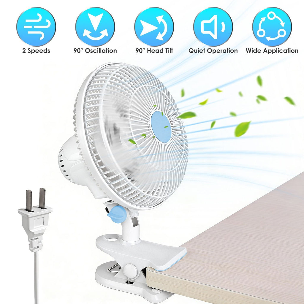 8.66In Oscillating Clip On Fan 2 Speeds Quiet Clamp Fan with 90° Oscillating & Tilting Angle Desktop Wall Mount for Home Office Dorms Strollers
