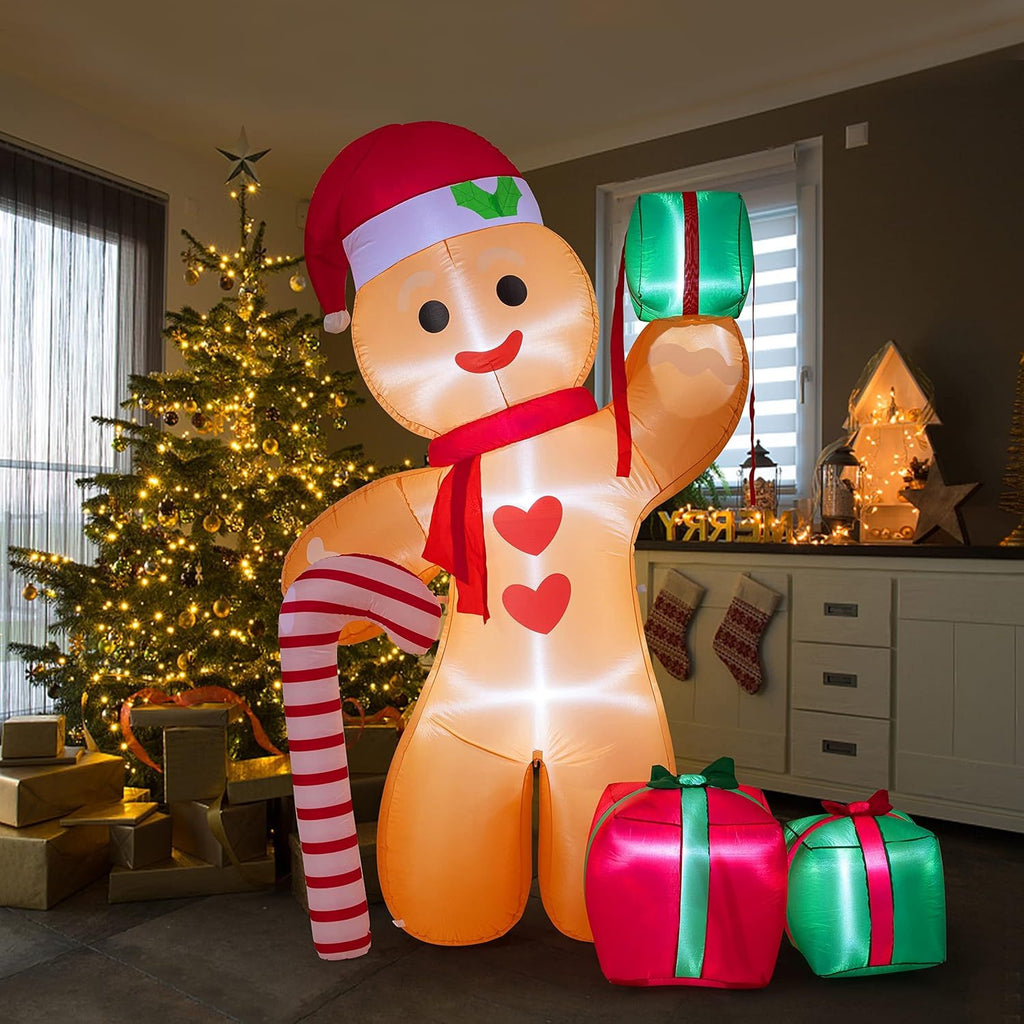 8FT Inflatable Gingerbread Man with Candy Cane and Three Gift Boxes,LED Lighted Christmas Decoration Indoor and Outdoor.