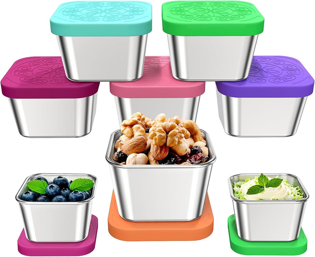 8Pack 6oz Stainless Steel Snack Containers and 2oz Salad Dressing Container To Go, Easy Open Leak Proof Metal Snack Containers With Silicone Lids, Reusable Lunch Box for Office, Picnic, Travel
